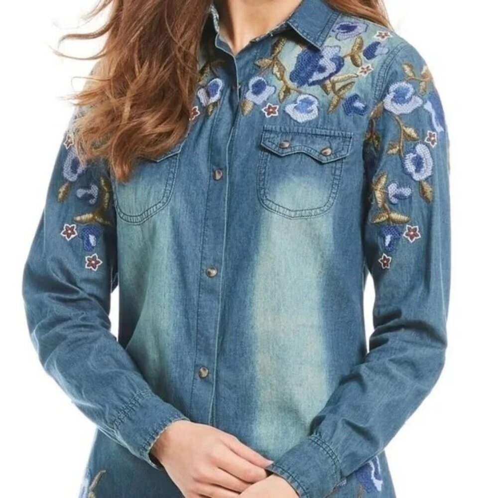 Tasha Polizzi Denim Embroidered Long Sleeve Shirt (Medium)